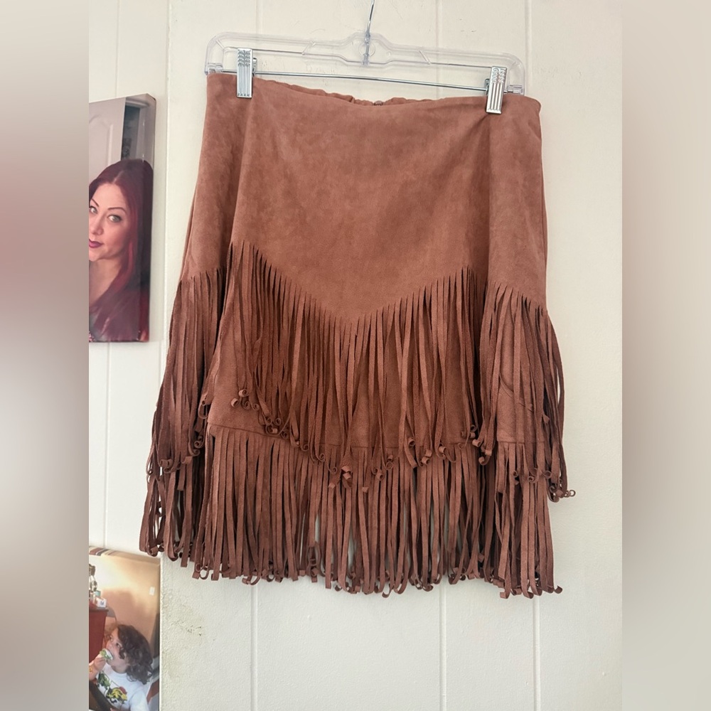 Easel Brown Fringed Mini Skirt
